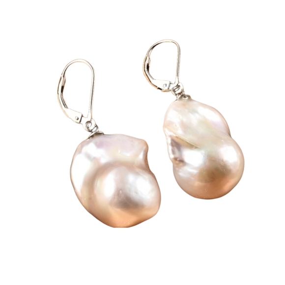 Sterling Silver Organic Shape Baroque Pearl Drop Leverback Earrings~ Handmade - Picture 3 of 4